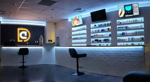 Picture of the new dripcrate vape shop with LED illuminating the shelving